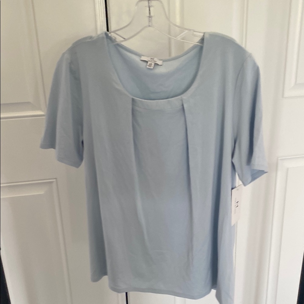 Halston Heritage Blue Pleated Short Sleeve Blouse